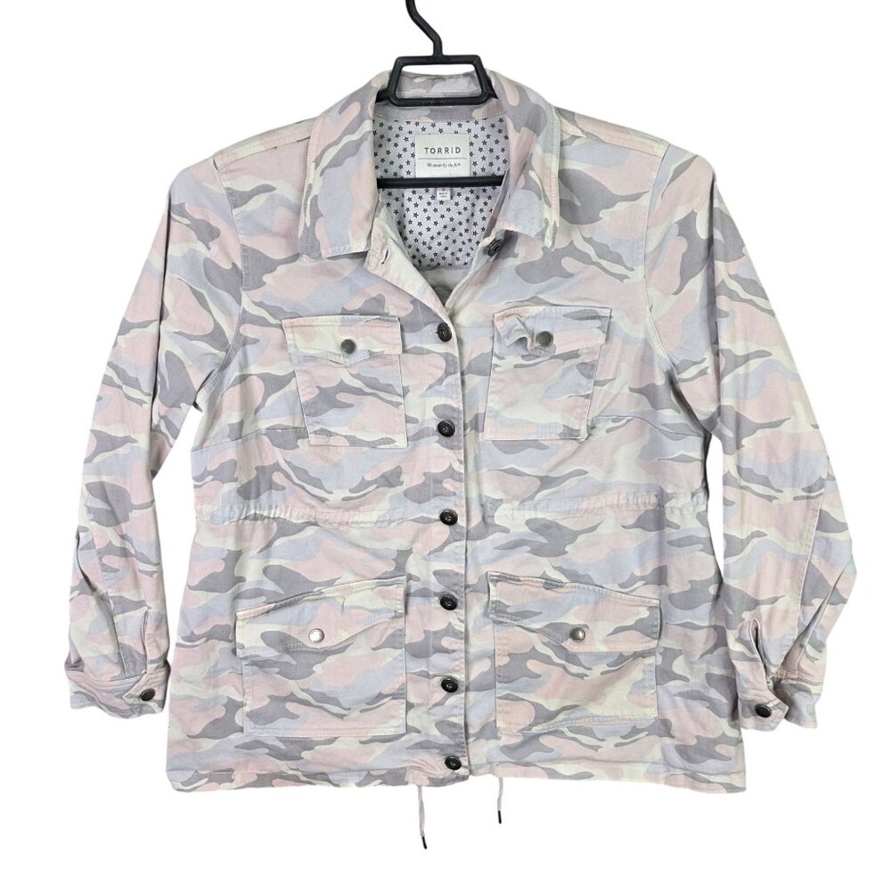 Womens Torrid Pink Gray Camo Utility Jacket Button Up Cotton Stretch Size 2
